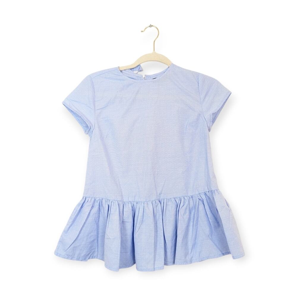Atmosphere Light Blue Peplum Ruffle Hem Swiss Dot Top